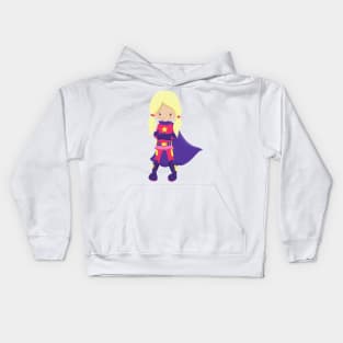 Superhero Girl, Blonde Hair, Purple Cape, Hero Kids Hoodie